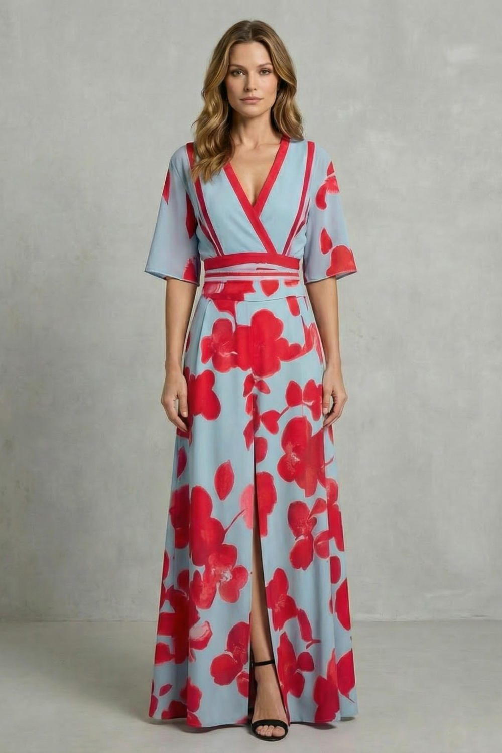 Averette – Floral marcante em contraste – Vestido longo decote V