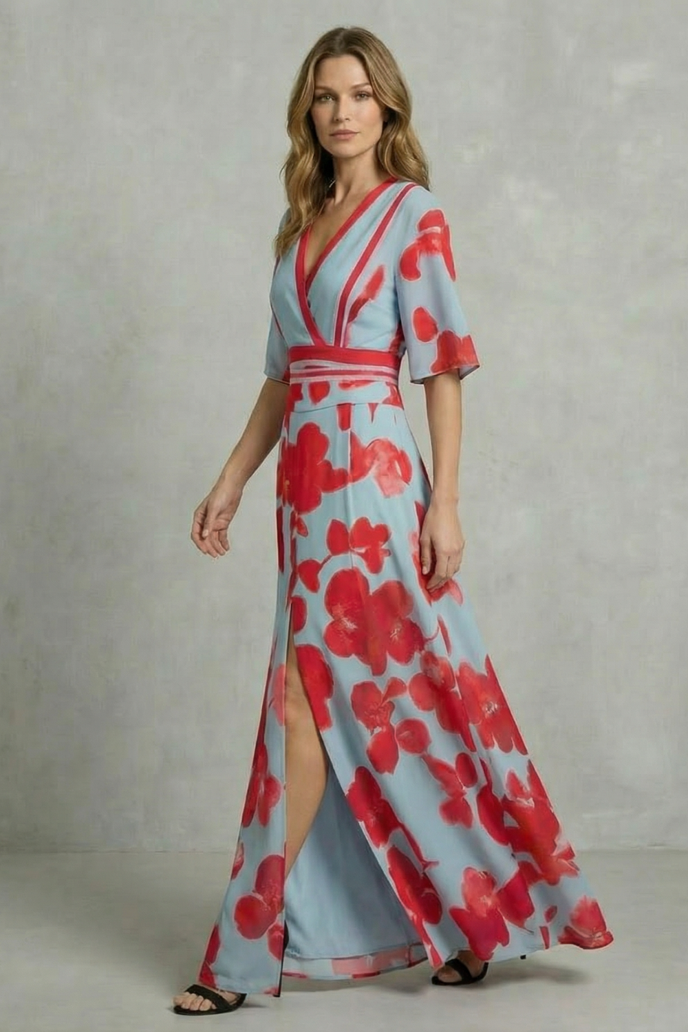 Averette – Floral marcante em contraste – Vestido longo decote V