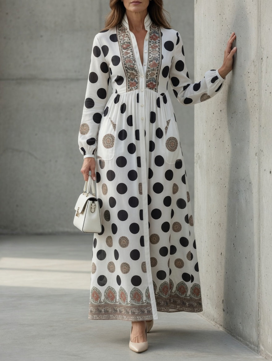 Vestido Luna Signature™ — Maxi Poá Branco e Preto com Botões