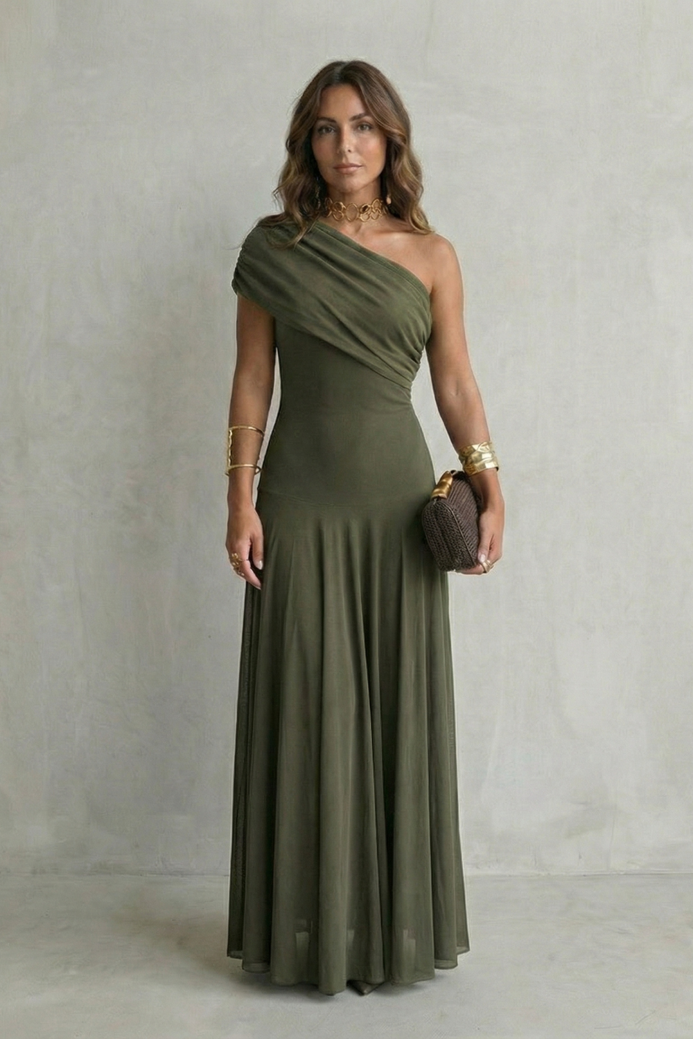 Bellamare – Decote drapeado elegante – Vestido longo ombro único