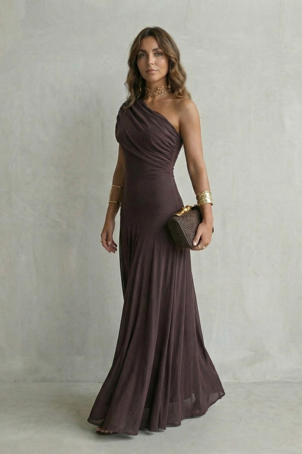 Bellamare – Decote drapeado elegante – Vestido longo ombro único