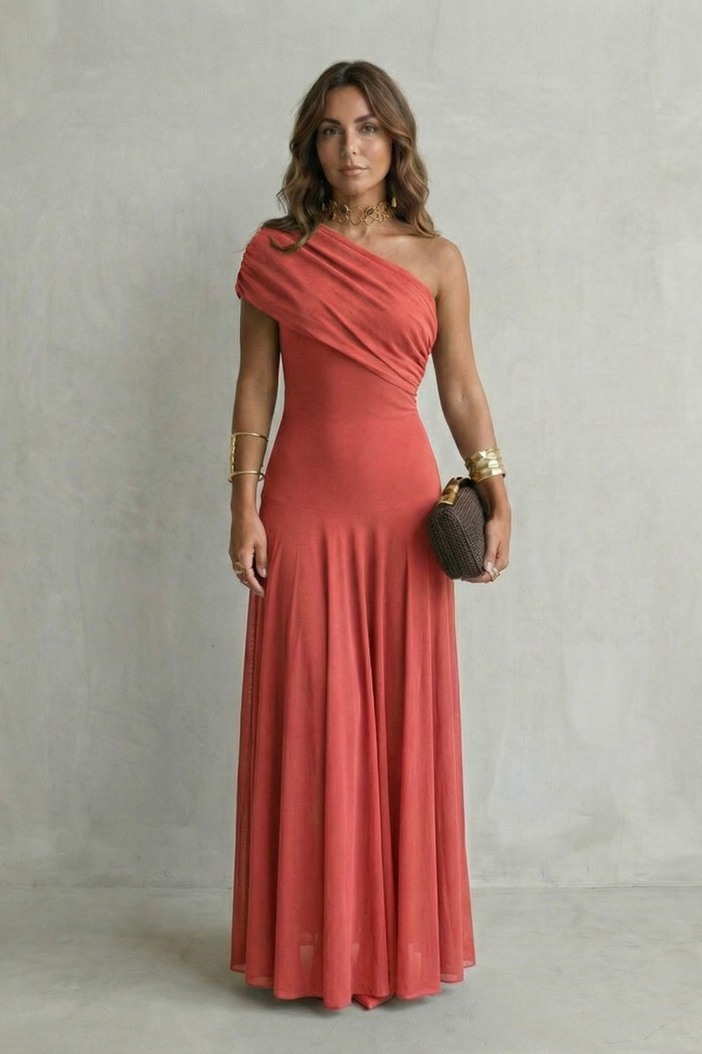 Bellamare – Decote drapeado elegante – Vestido longo ombro único