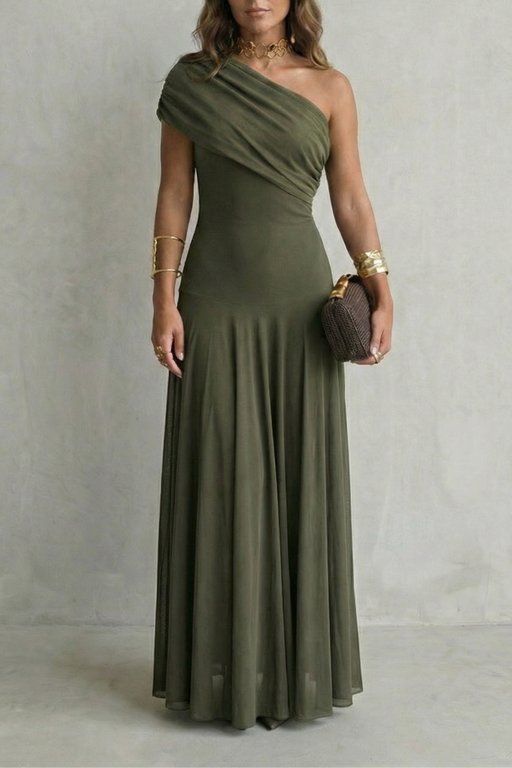 Bellamare – Decote drapeado elegante – Vestido longo ombro único