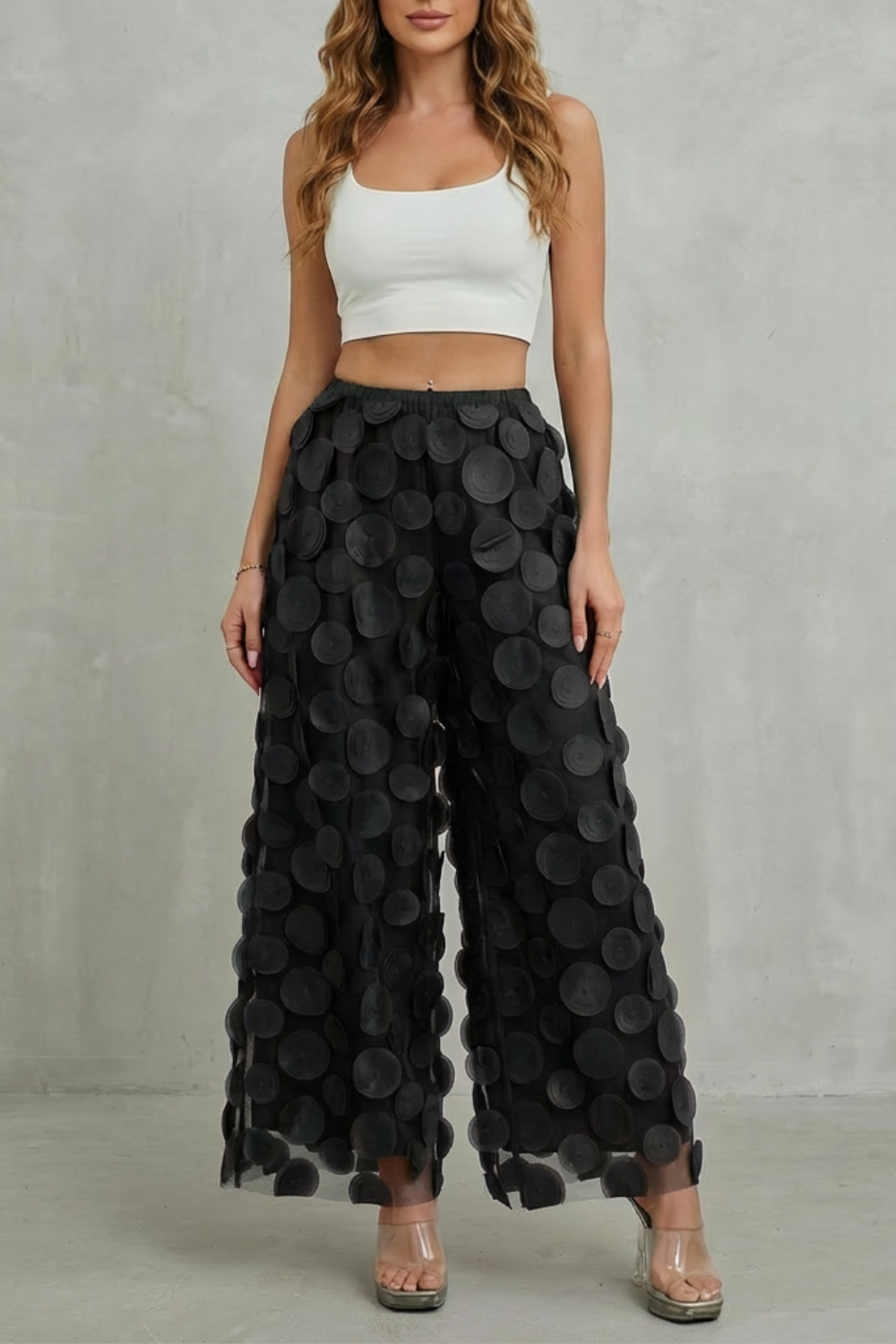 Bellaria – aplique 3D circular – Calça pantalona