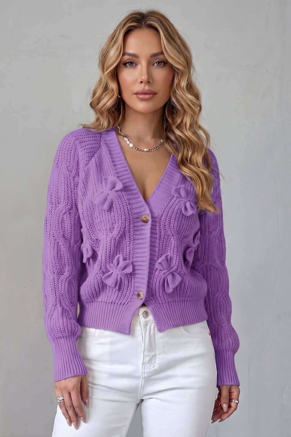 Bellavira – Textura de malha com laço – Cardigã