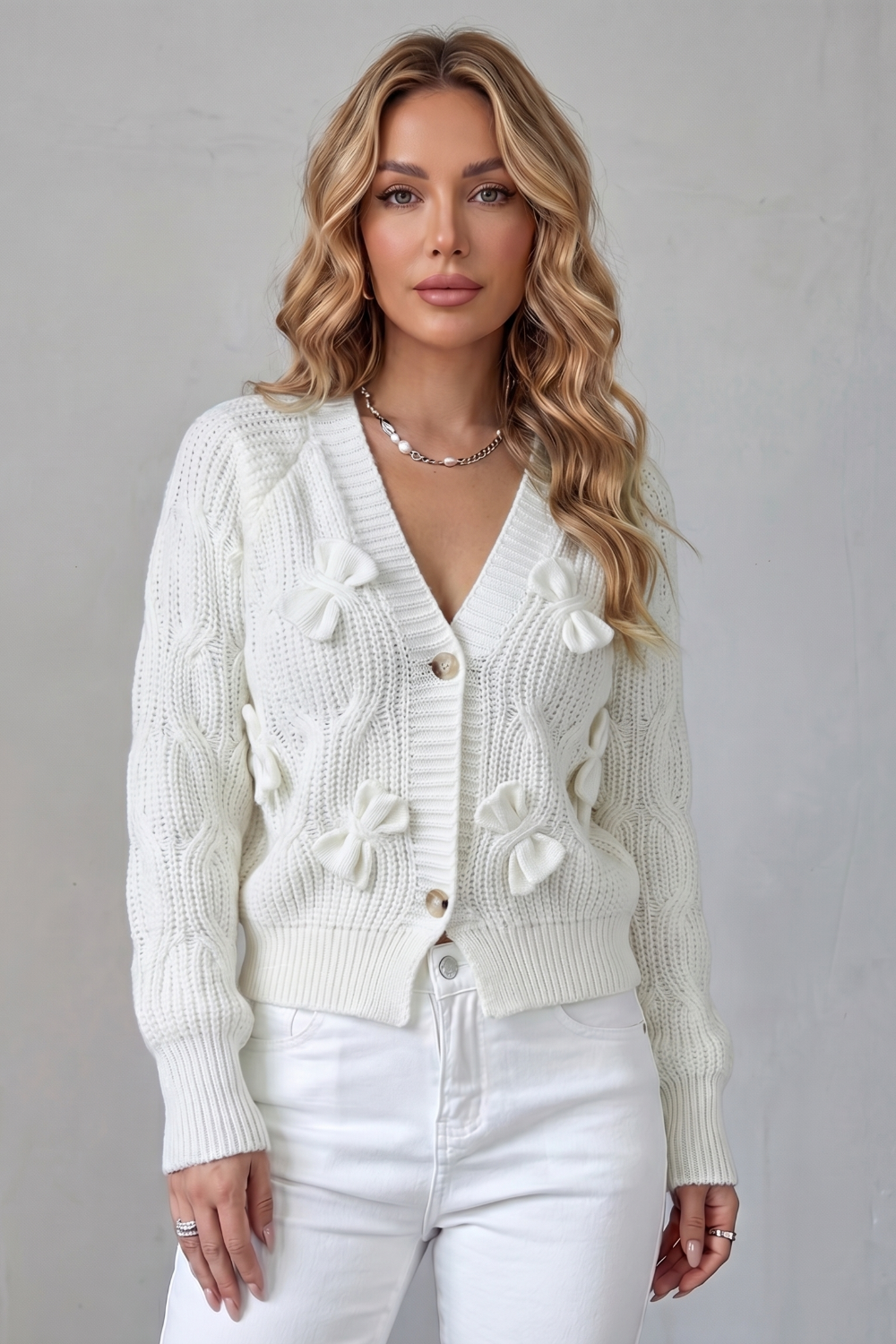 Bellavira – Textura de malha com laço – Cardigã
