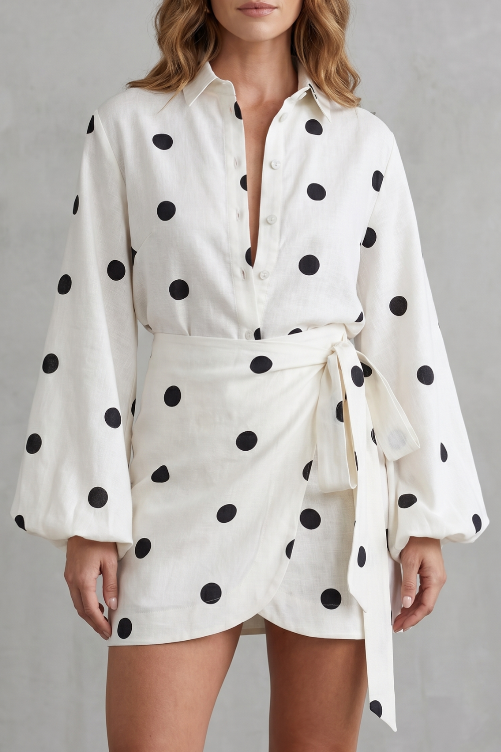 Belmira – Elegância transpassada com bolinhas – Conjunto macacão