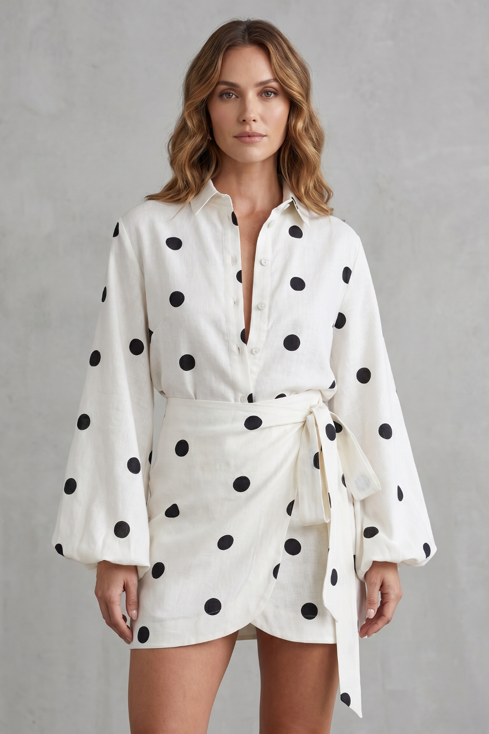 Belmira – Elegância transpassada com bolinhas – Conjunto macacão