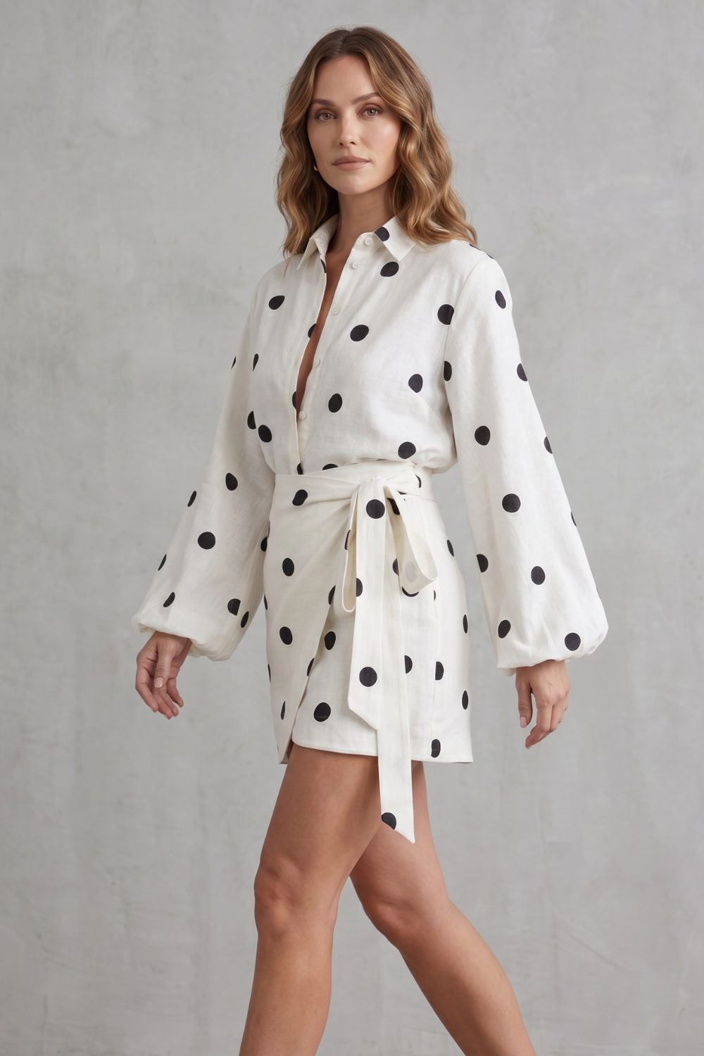 Belmira – Elegância transpassada com bolinhas – Conjunto macacão