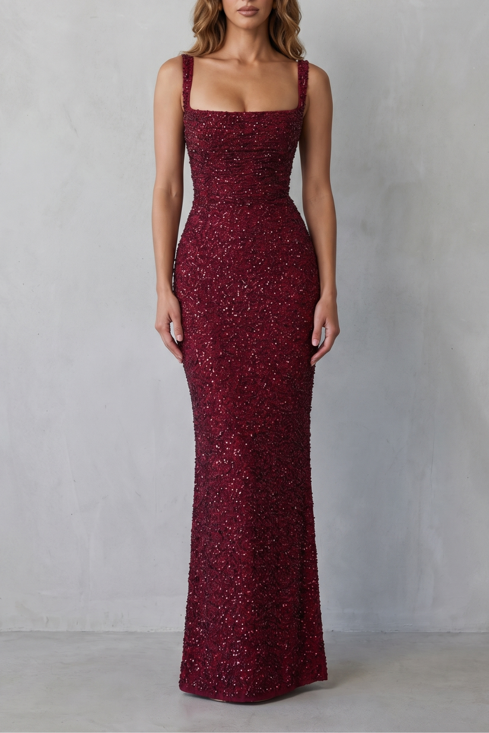 Calanthea – Glamour escultural com lantejoulas – Vestido maxi