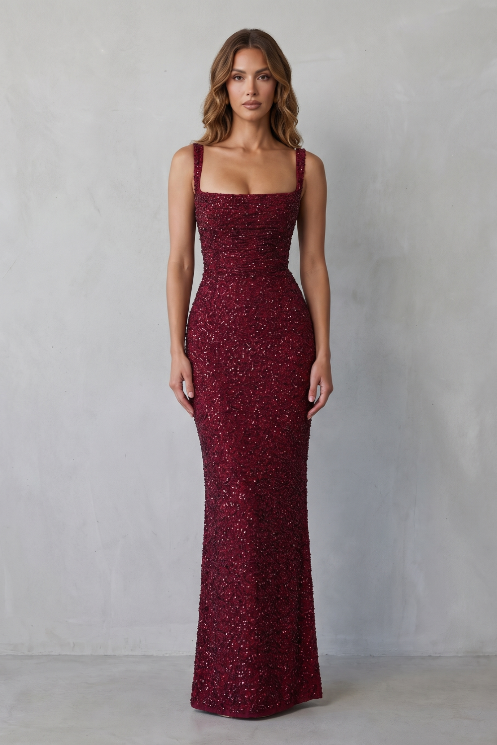 Calanthea – Glamour escultural com lantejoulas – Vestido maxi