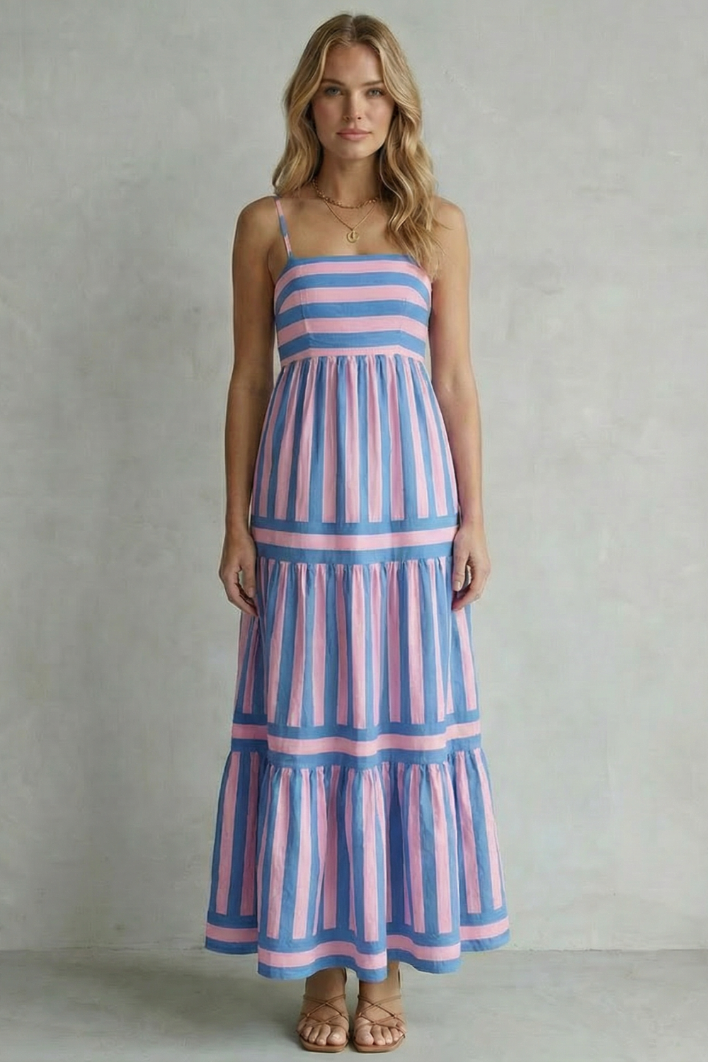 Candessa – Listras divertidas em camadas – Vestido longo com alças