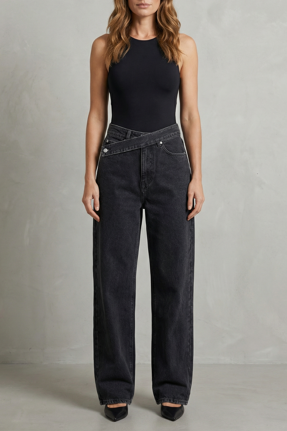 Casila – Fechamento assimétrico – Calça jeans reta