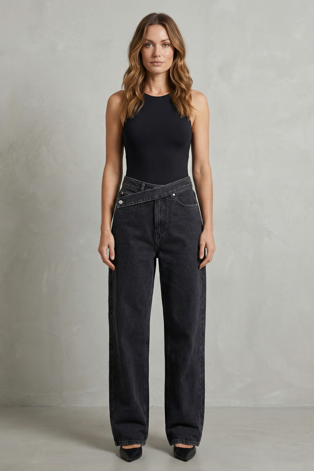 Casila – Fechamento assimétrico – Calça jeans reta