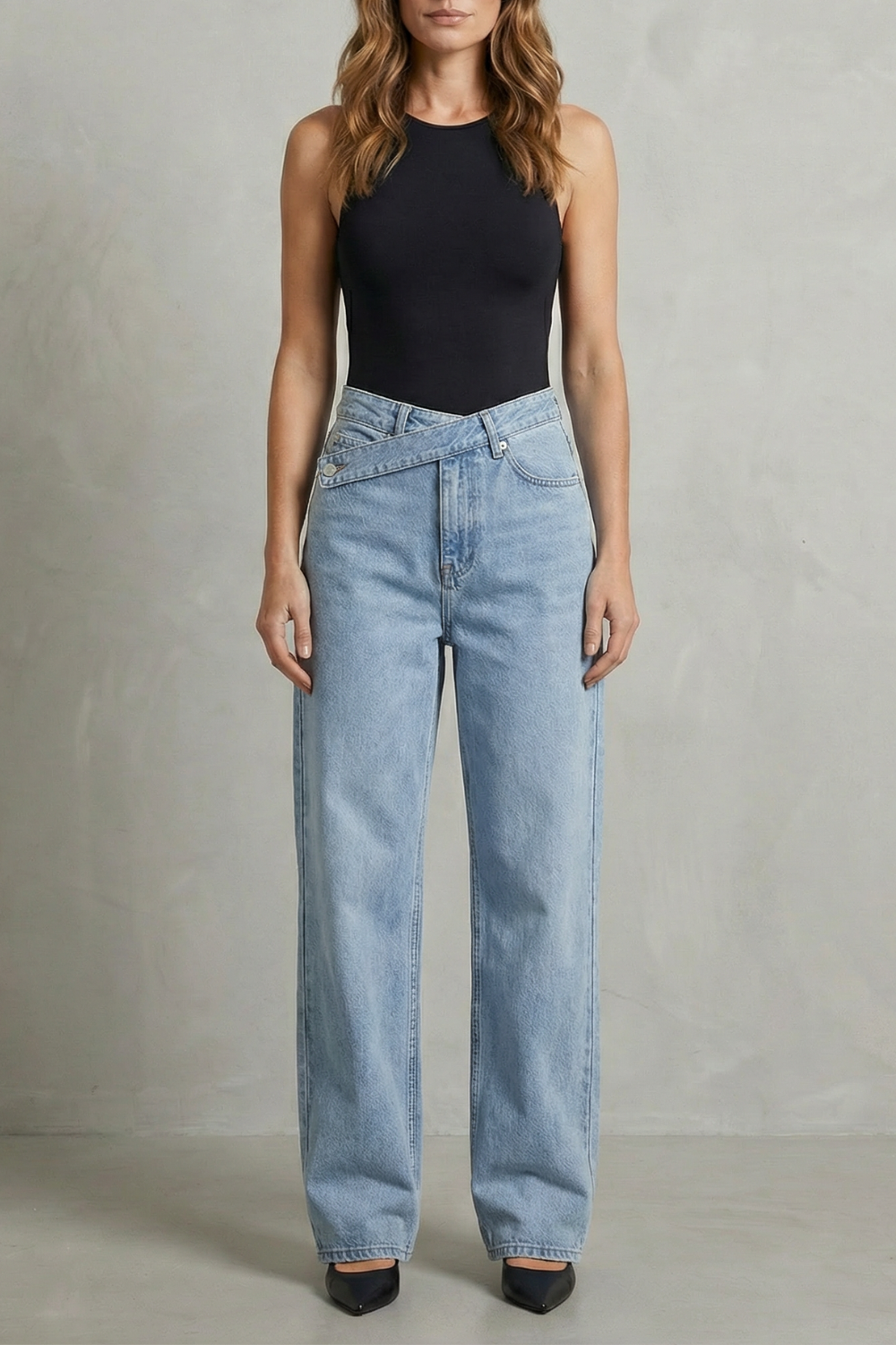 Casila – Fechamento assimétrico – Calça jeans reta