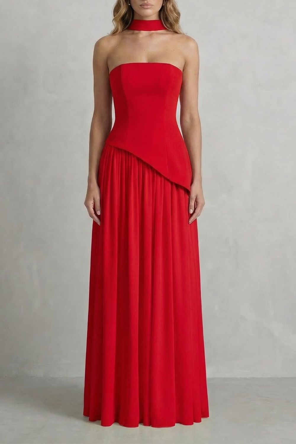 Celestara – Drapeado esculpido com fenda – Vestido longo tomara que caia