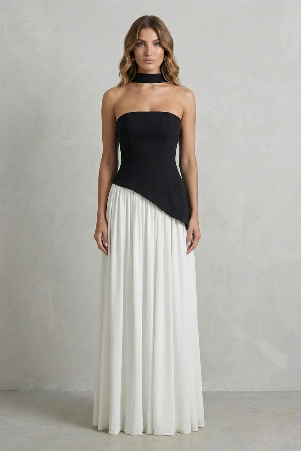 Celestara – Drapeado esculpido com fenda – Vestido longo tomara que caia