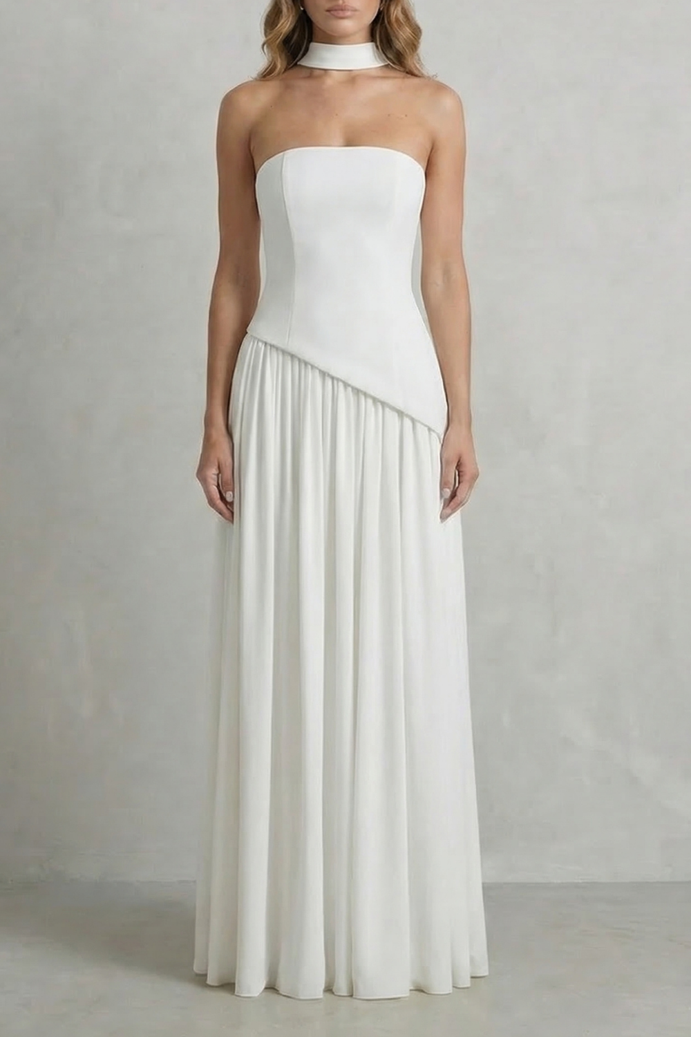 Celestara – Drapeado esculpido com fenda – Vestido longo tomara que caia