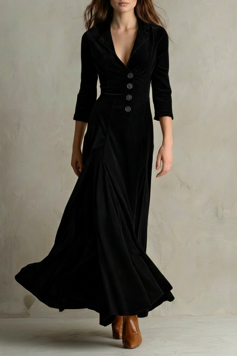 Celeste – Vestido Longo de Veludo Vintage – Saia Evasê Elegante com Botões e Gola com Lapela