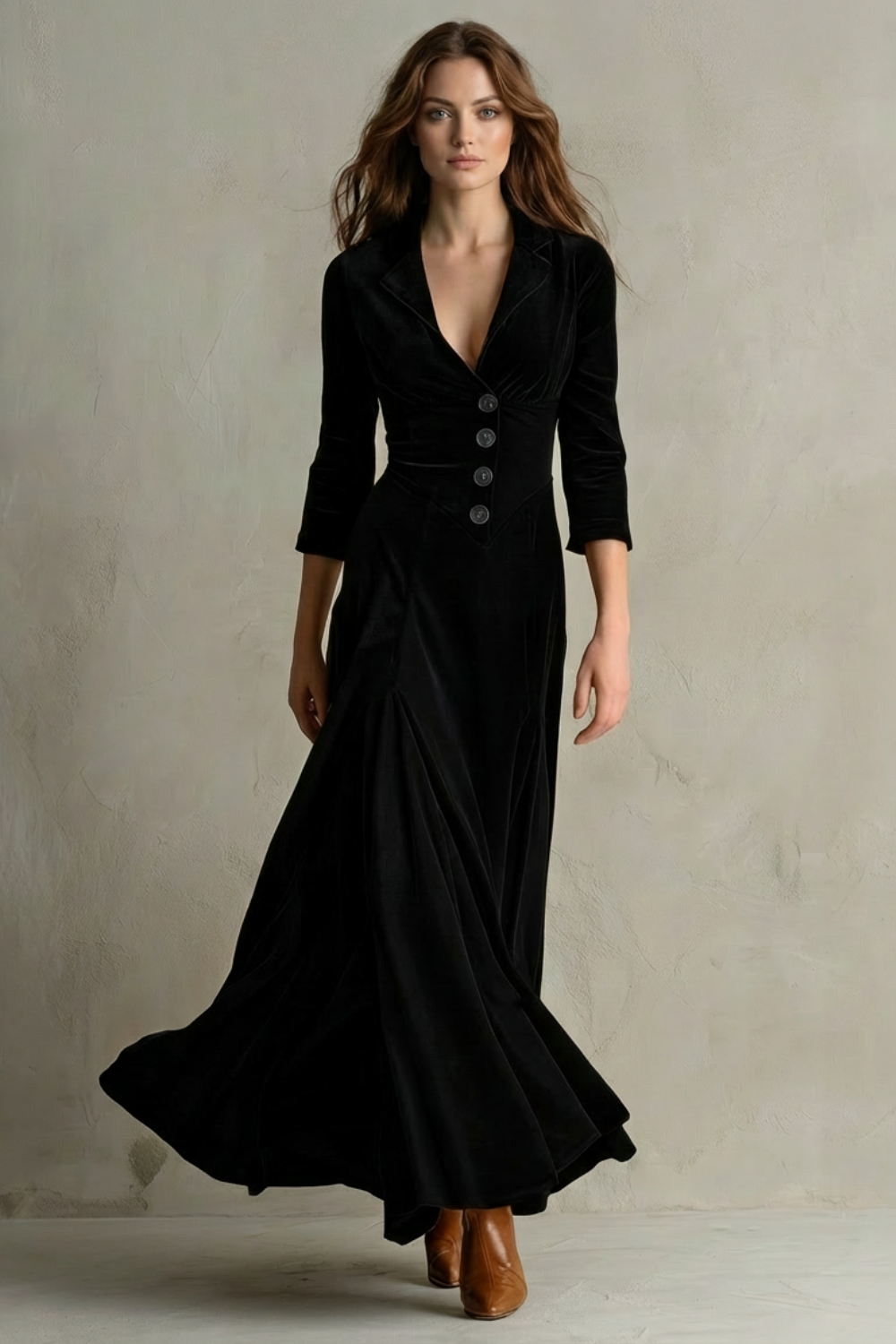 Celeste – Vestido Longo de Veludo Vintage – Saia Evasê Elegante com Botões e Gola com Lapela