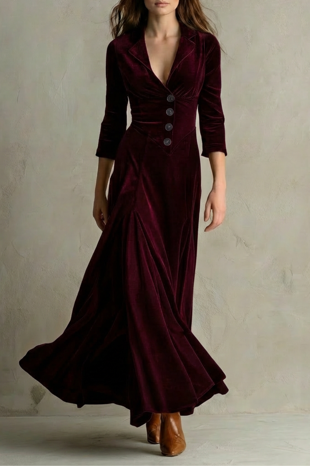 Celeste – Vestido Longo de Veludo Vintage – Saia Evasê Elegante com Botões e Gola com Lapela