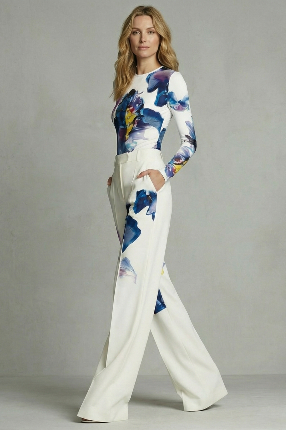 Celestique – Elegância artística em bloco de cores – Conjunto de top e calça
