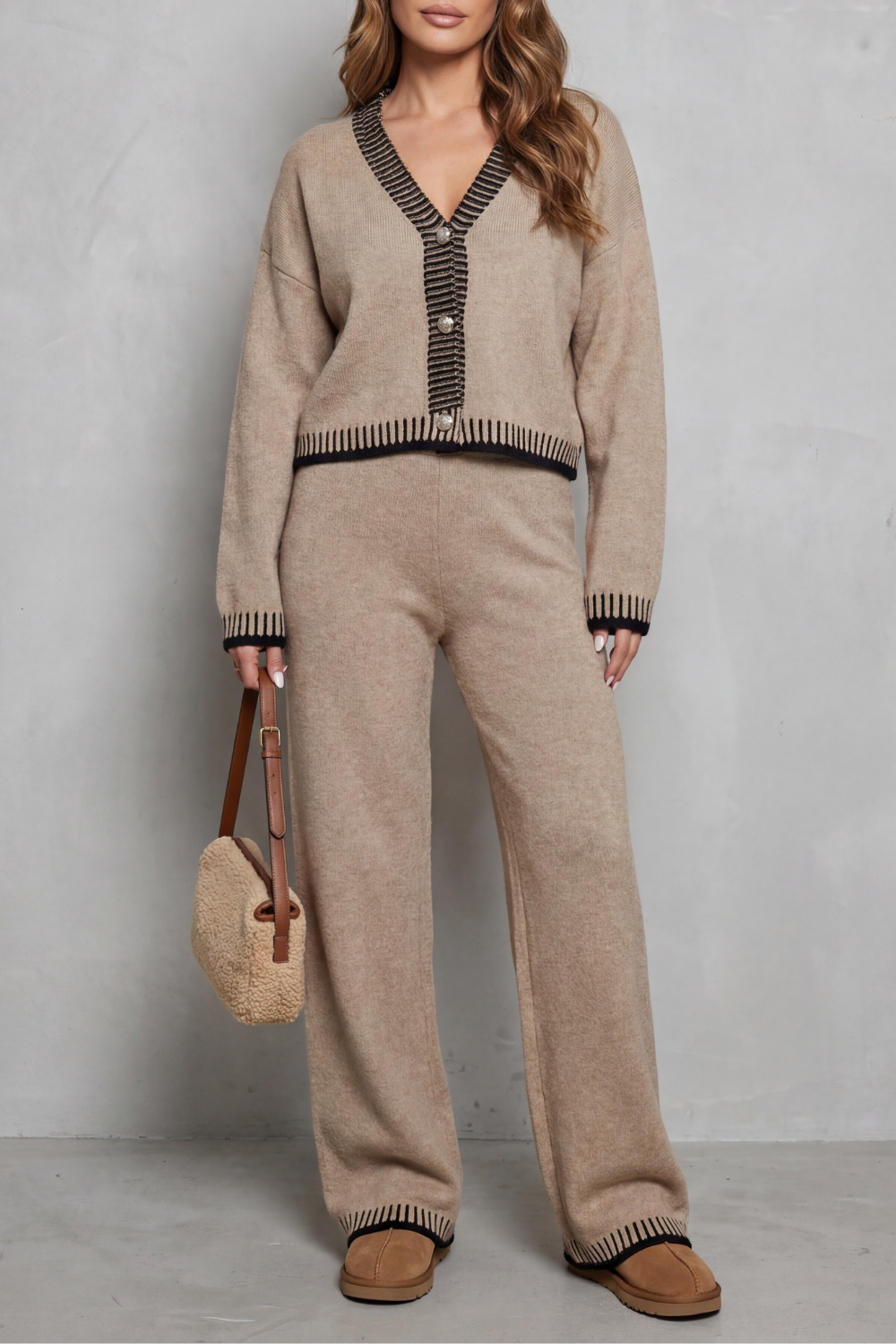 Cerivelle – Barra de contraste – Conjunto loungewear de tricô