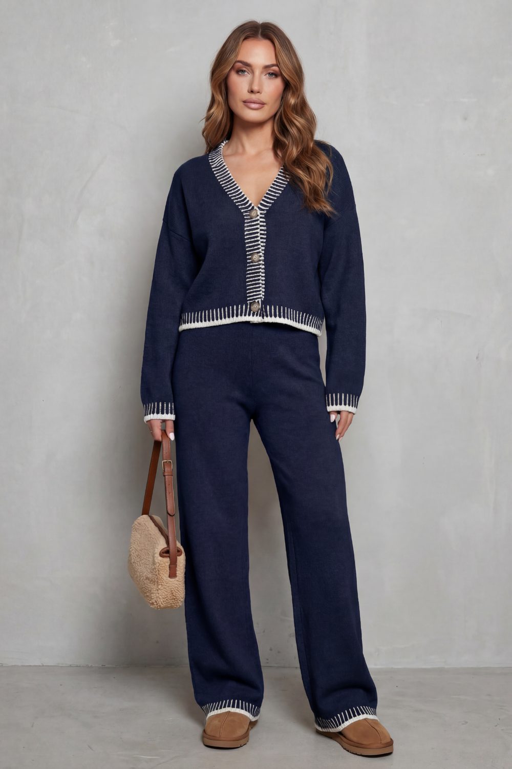 Cerivelle – Barra de contraste – Conjunto loungewear de tricô