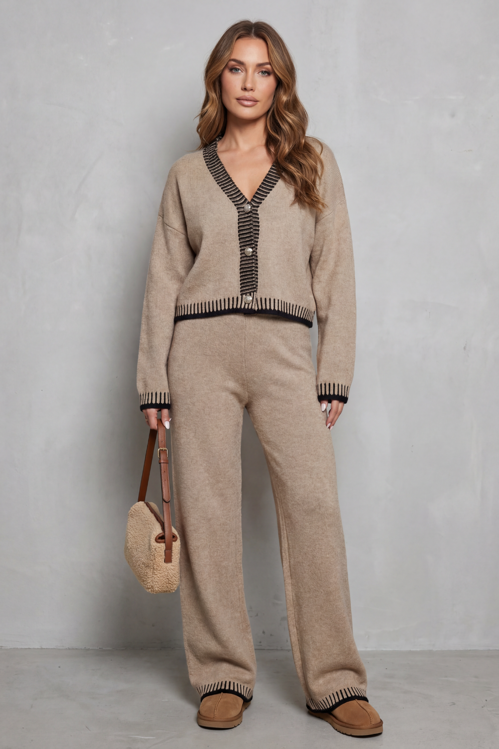 Cerivelle – Barra de contraste – Conjunto loungewear de tricô