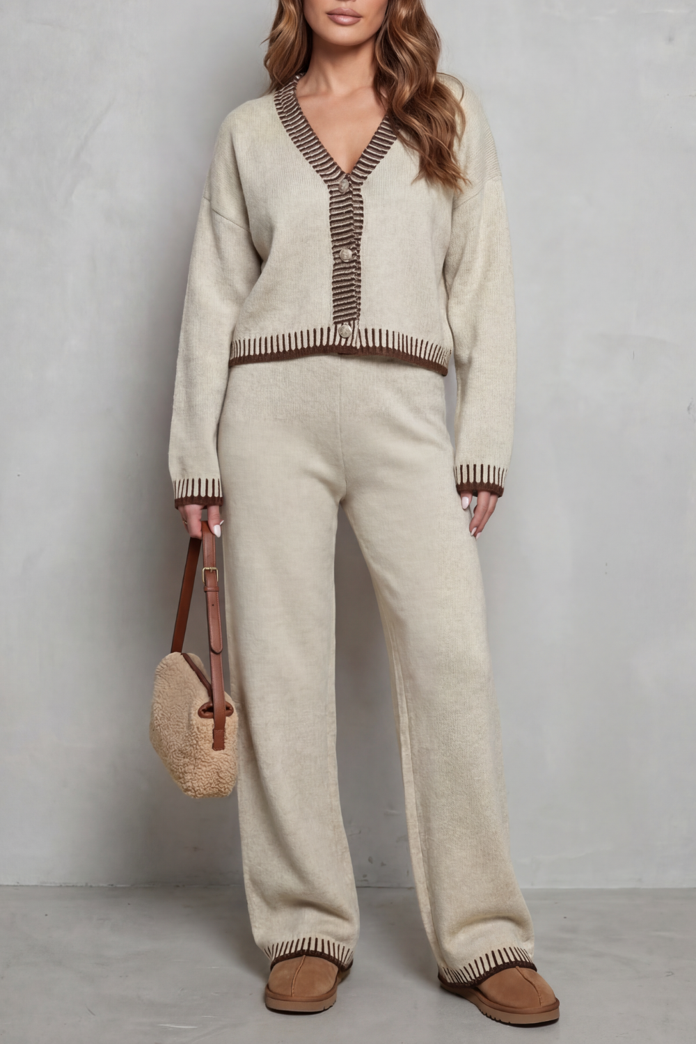 Cerivelle – Barra de contraste – Conjunto loungewear de tricô