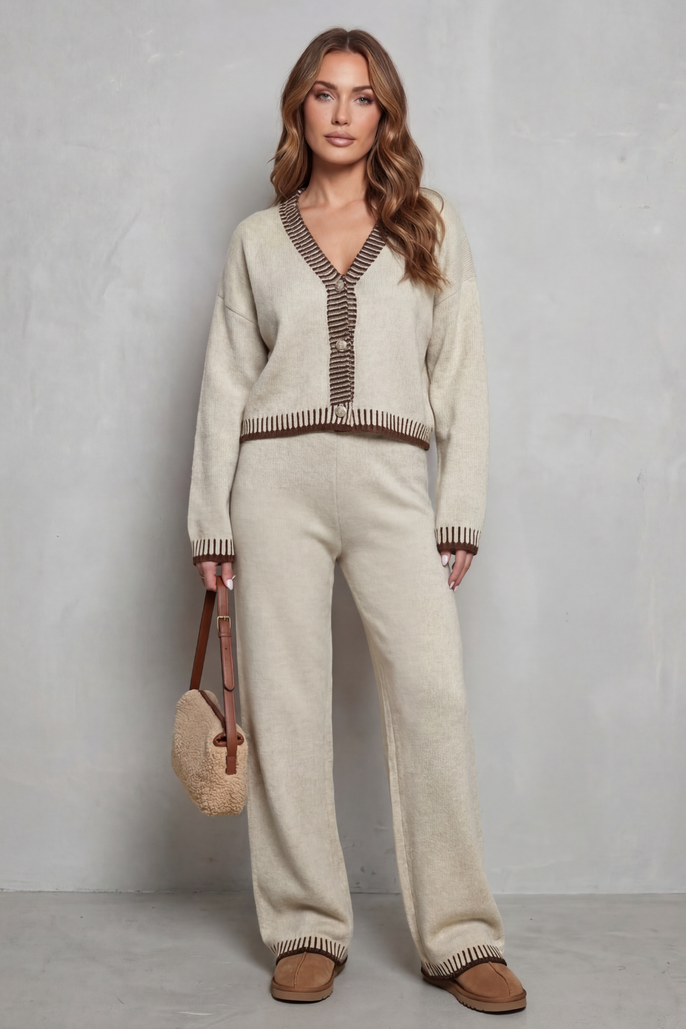 Cerivelle – Barra de contraste – Conjunto loungewear de tricô