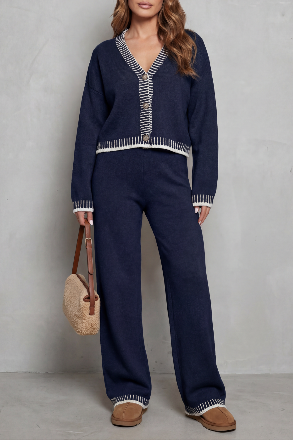 Cerivelle – Barra de contraste – Conjunto loungewear de tricô