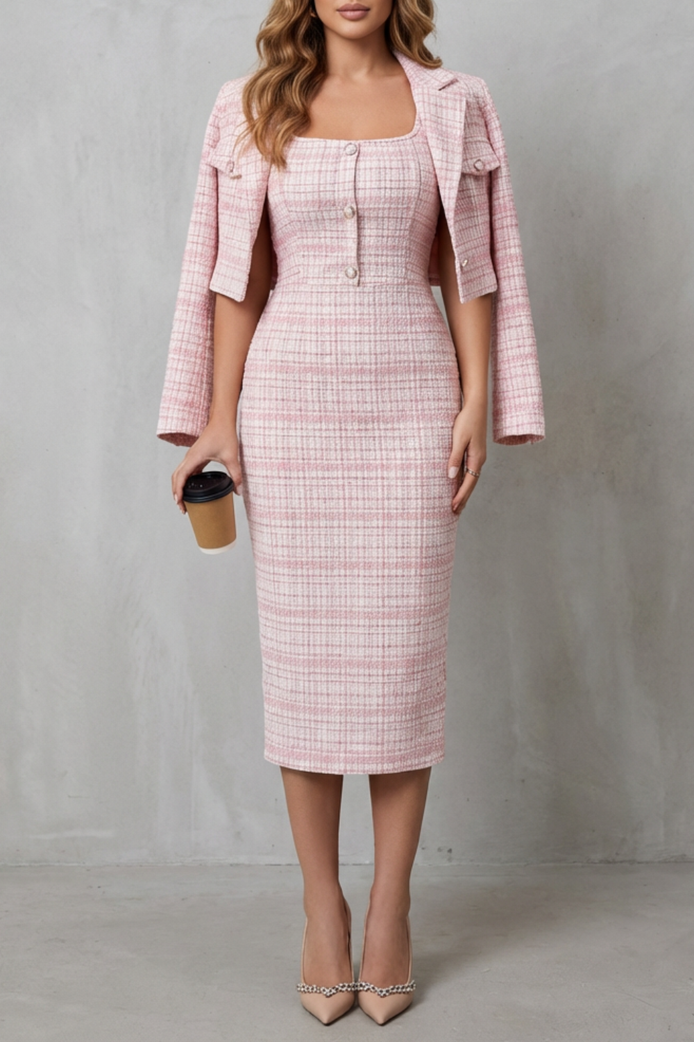 Bellaisie – Alfaiataria xadrez elegante – Conjunto vestido midi duas peças