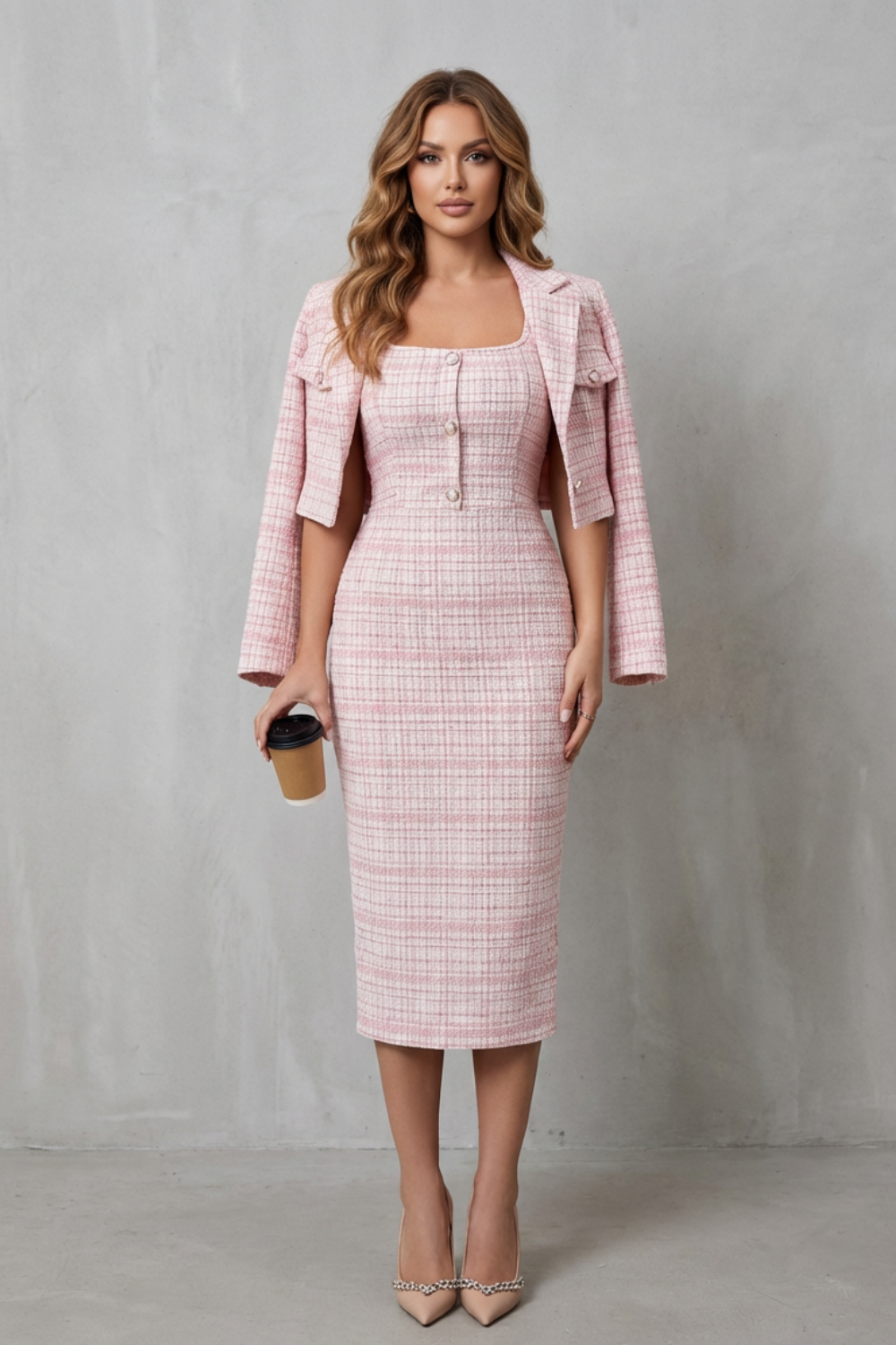 Bellaisie – Alfaiataria xadrez elegante – Conjunto vestido midi duas peças