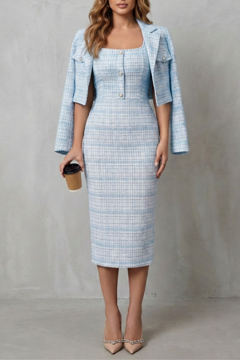 Bellaisie – Alfaiataria xadrez elegante – Conjunto vestido midi duas peças