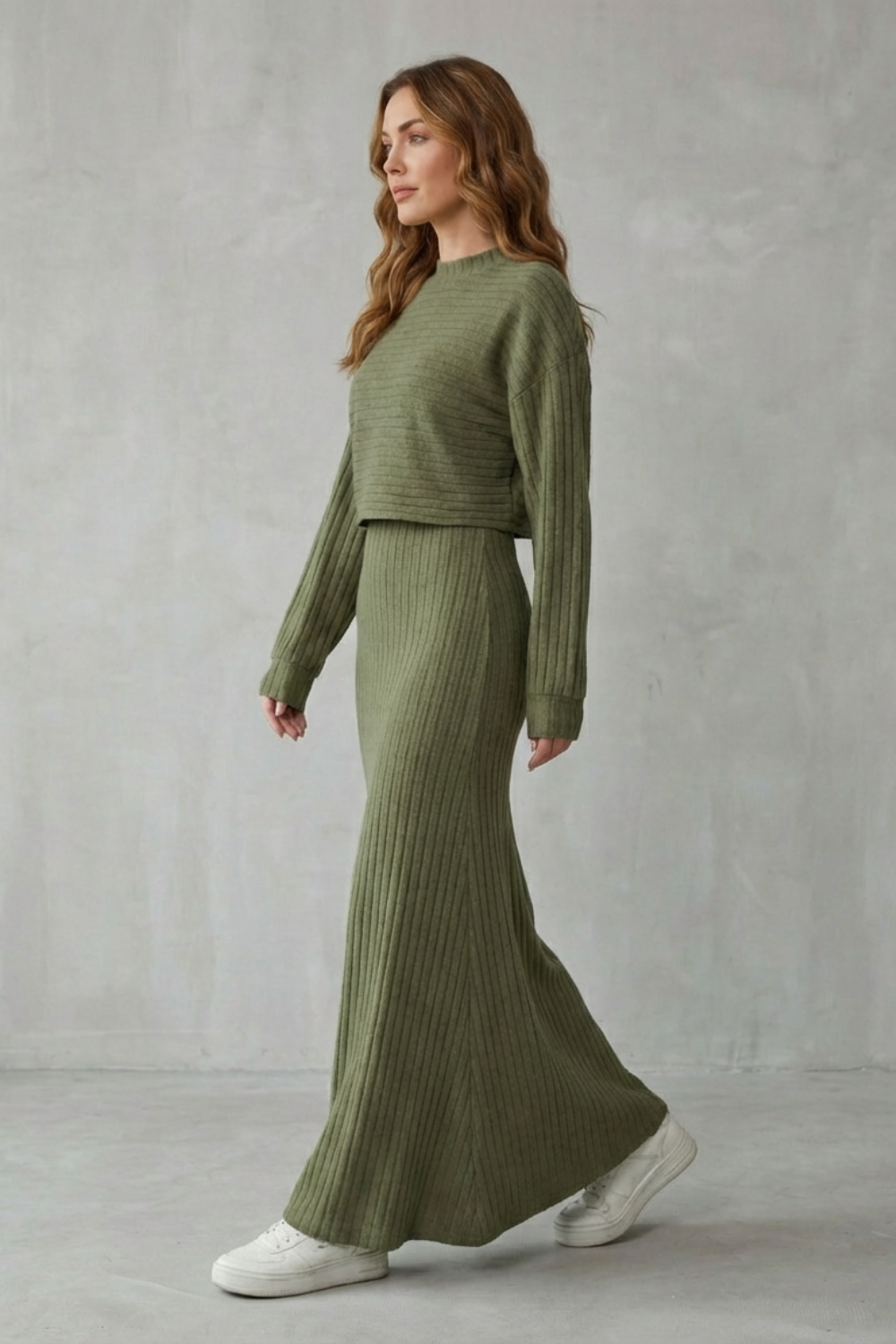 Clara – Conjunto de Malha Canelada 2 em 1 – Vestido Longo & Cropped