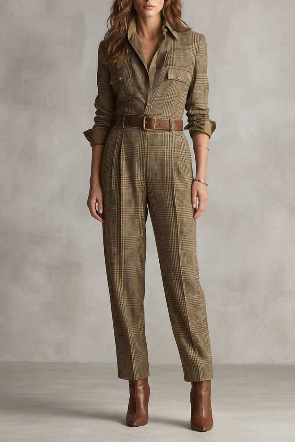 Cléonette – Charme xadrez vintage – Macacão alfaiataria