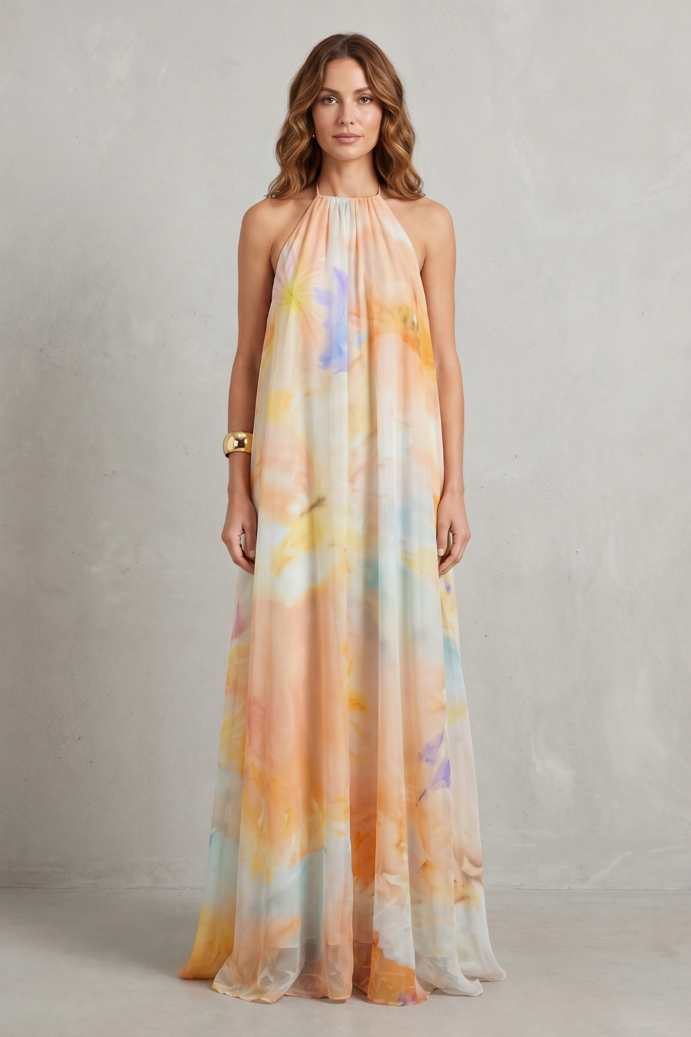 Corinelle – Elegância frente única aquarela – Vestido longo