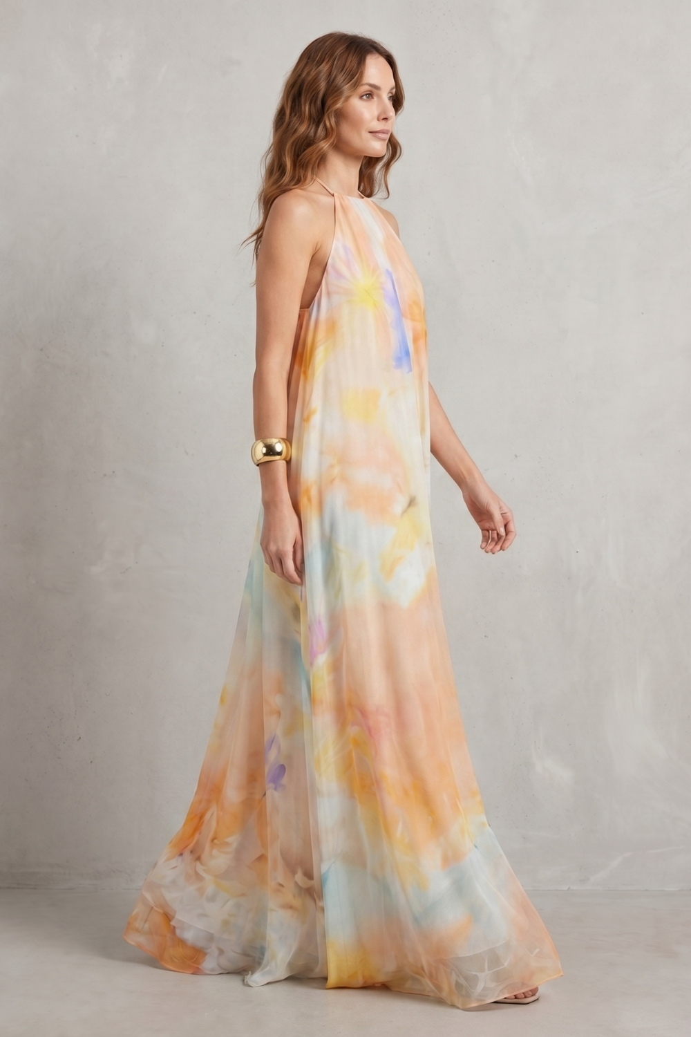 Corinelle – Elegância frente única aquarela – Vestido longo