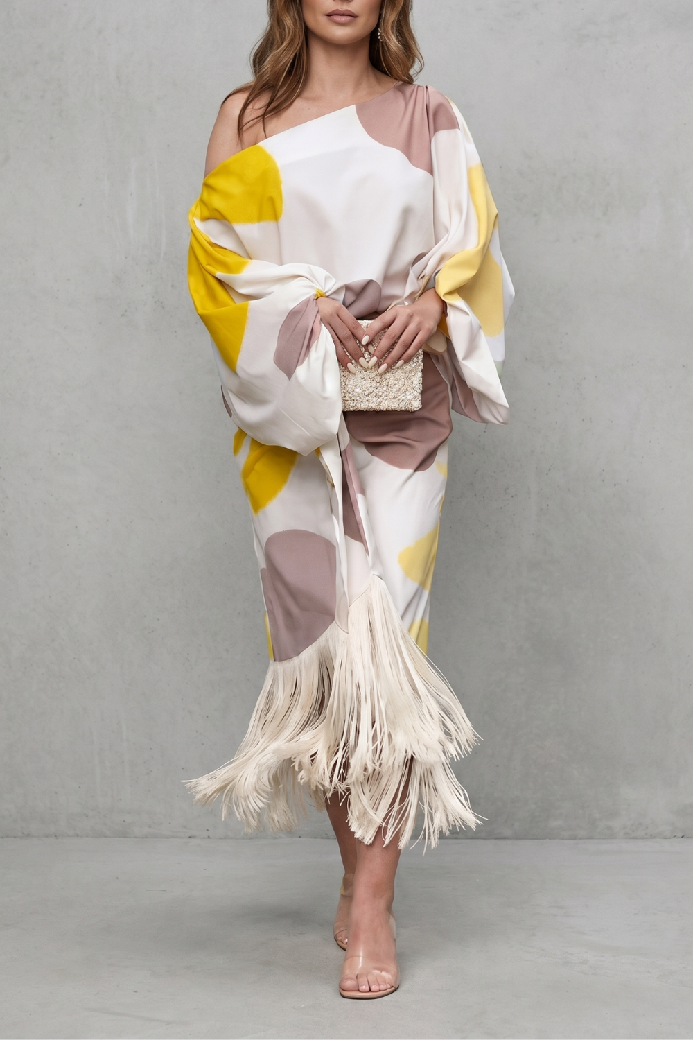 Danivelle – Elegância de franjas com estampa abstrata – Conjunto de duas peças