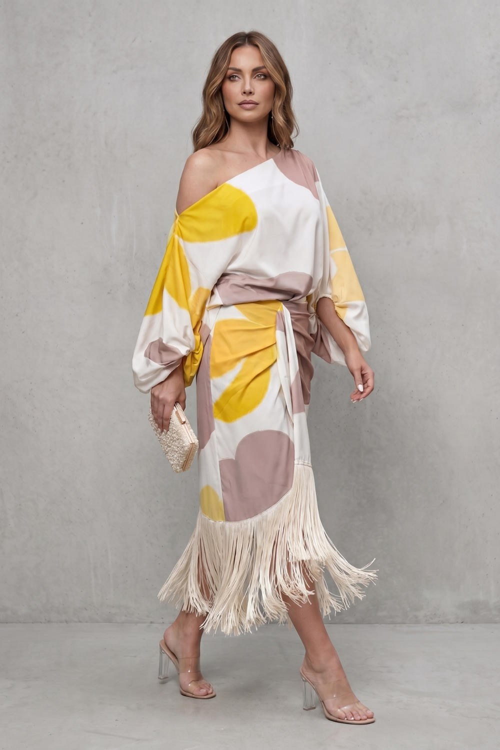Danivelle – Elegância de franjas com estampa abstrata – Conjunto de duas peças