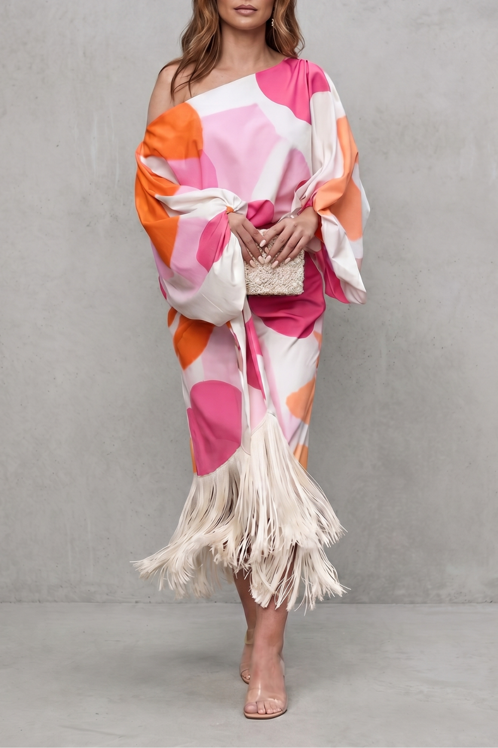 Danivelle – Elegância de franjas com estampa abstrata – Conjunto de duas peças