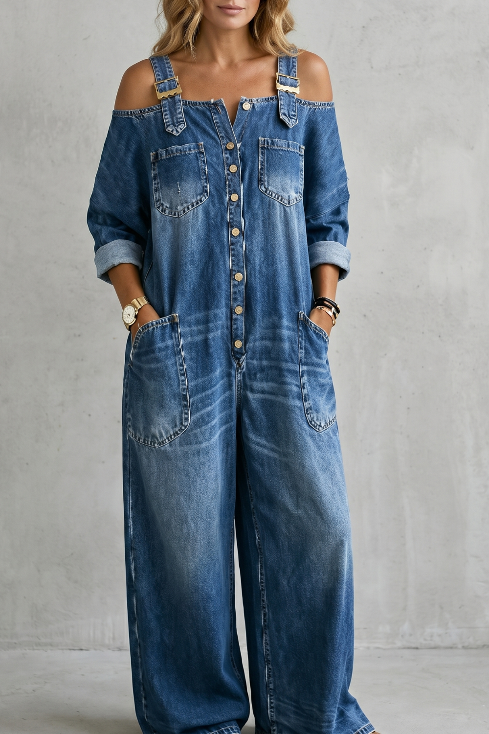 Denimora – Charme utilitário off-shoulder – Macacão de perna larga