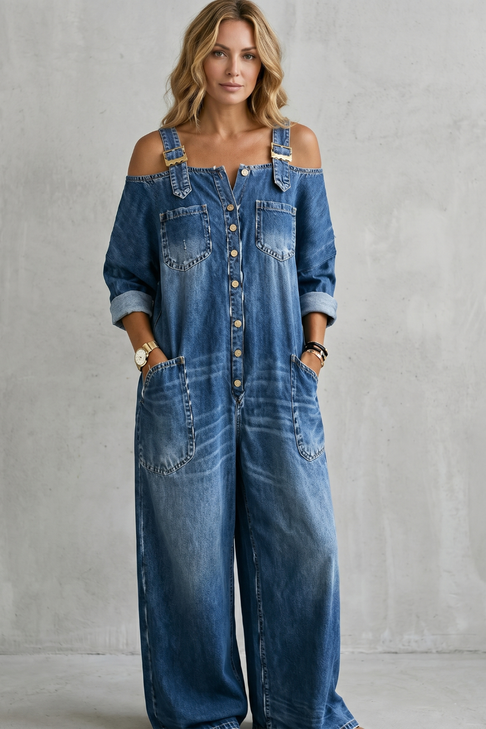 Denimora – Charme utilitário off-shoulder – Macacão de perna larga