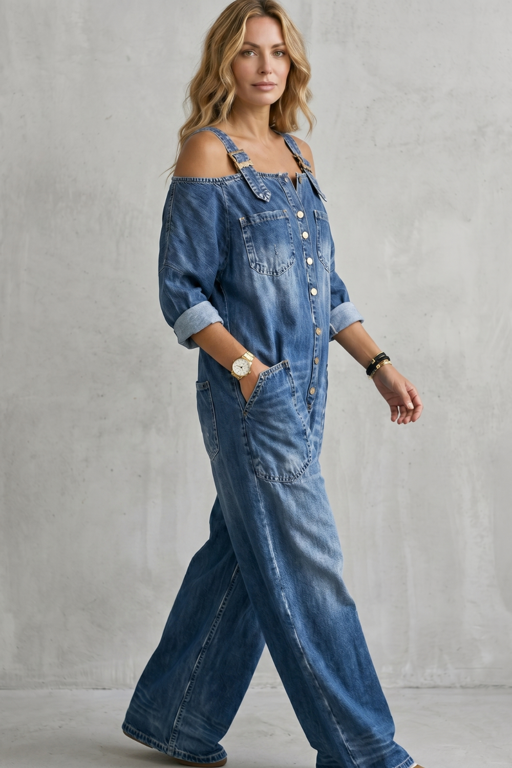 Denimora – Charme utilitário off-shoulder – Macacão de perna larga