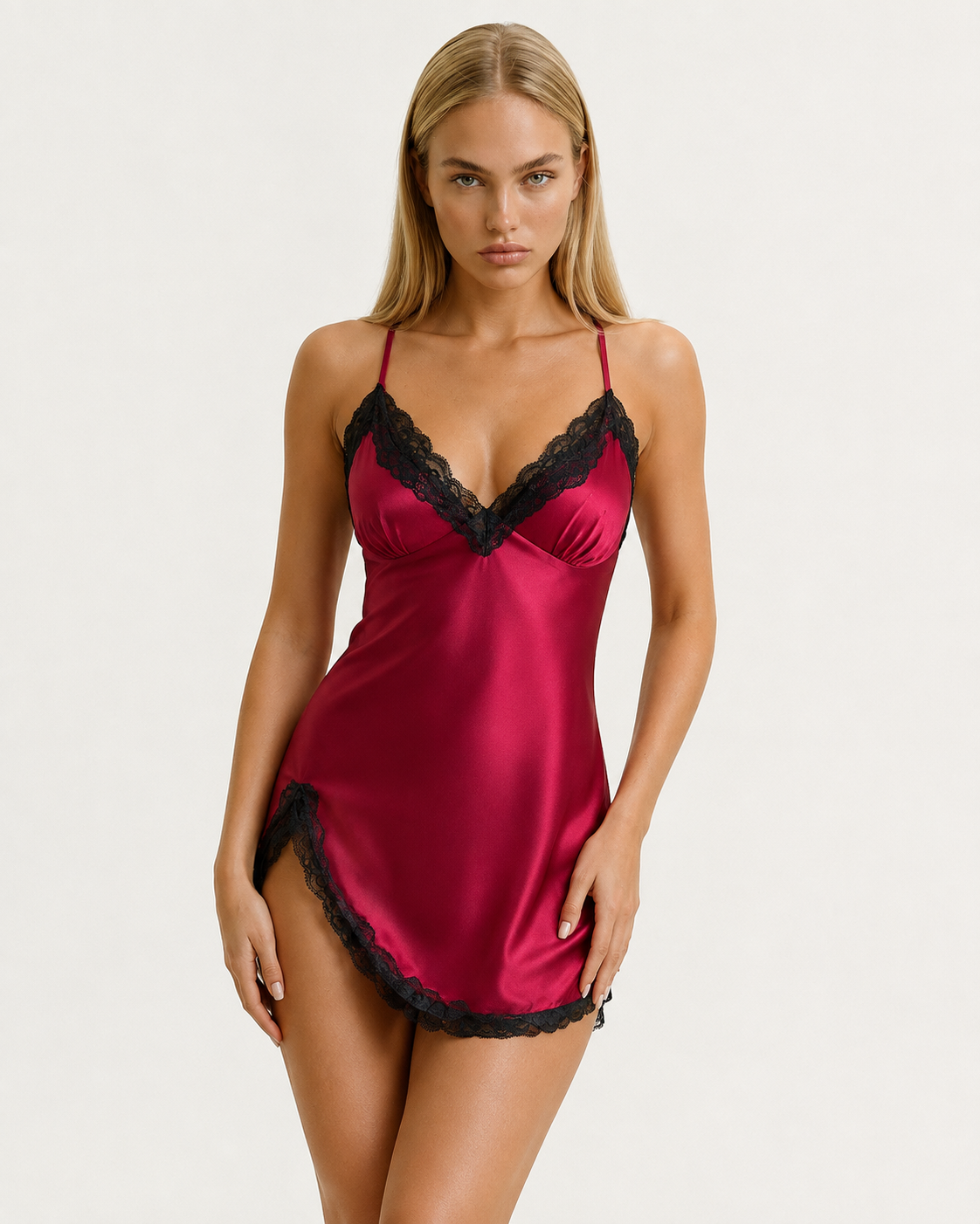 Camisola Curta Cetim com Renda e Fenda - Sabrina