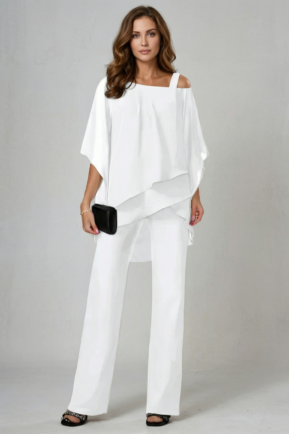 Élaria – Fluidez em chiffon assimétrico – Conjunto de top e calça