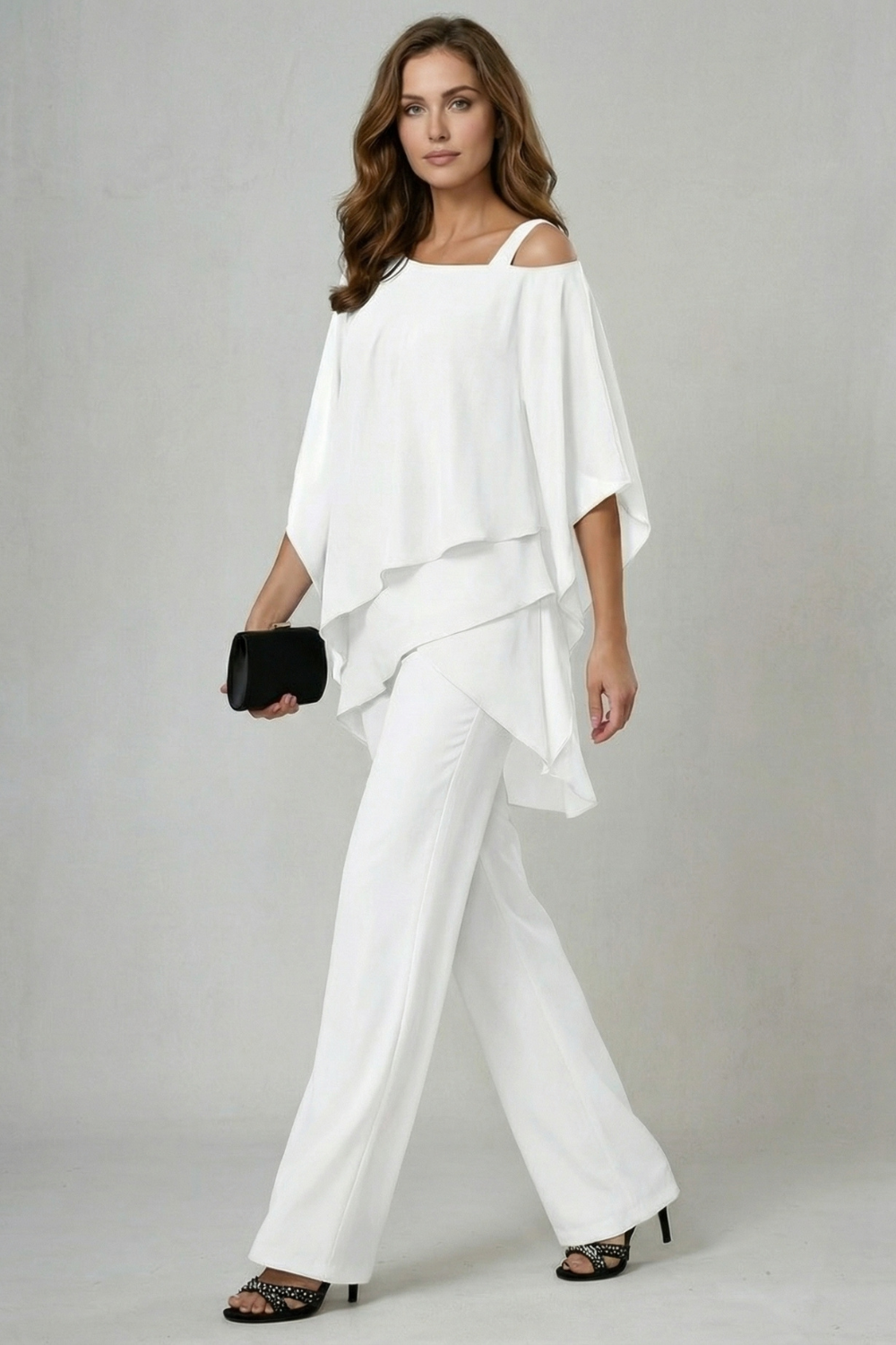 Élaria – Fluidez em chiffon assimétrico – Conjunto de top e calça
