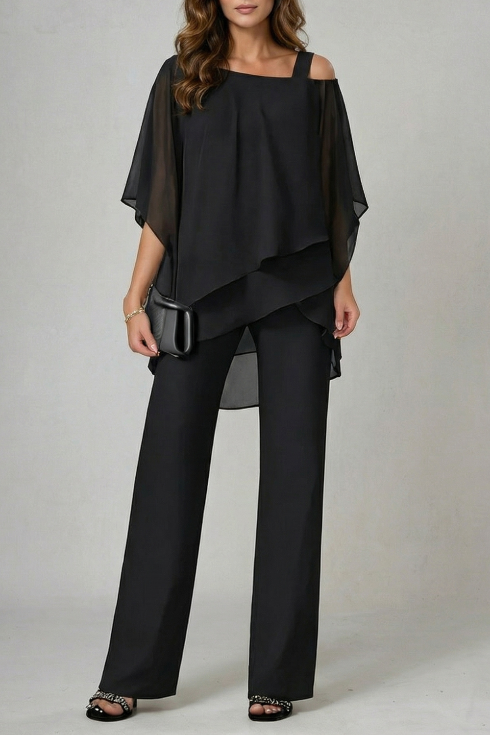 Élaria – Fluidez em chiffon assimétrico – Conjunto de top e calça