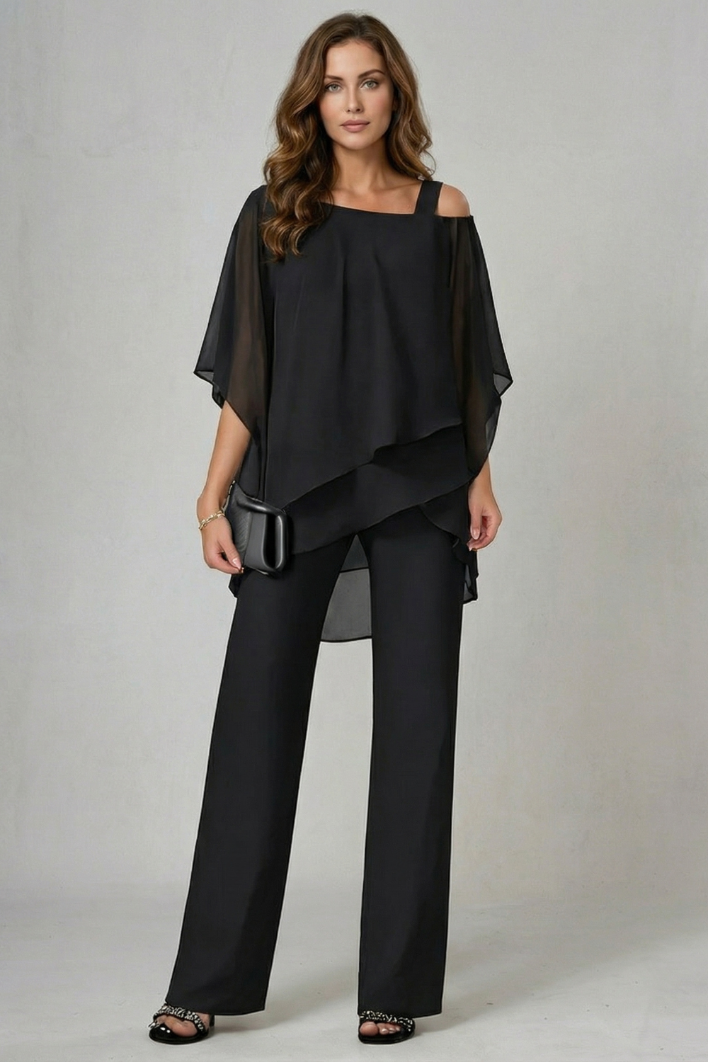 Élaria – Fluidez em chiffon assimétrico – Conjunto de top e calça